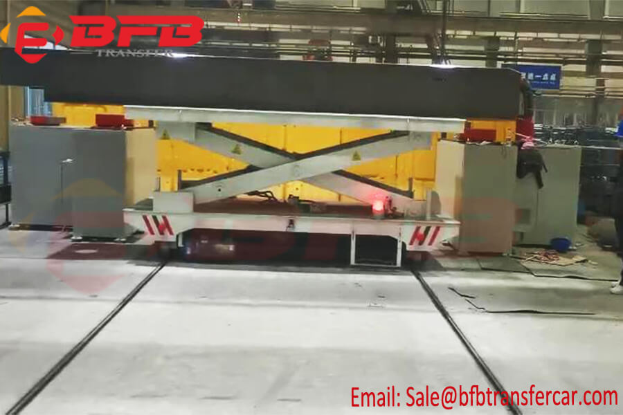 5T Plc Controlled Rail Powered Scissor Lift Transfer Cart For Workshop Steel Beam Handling